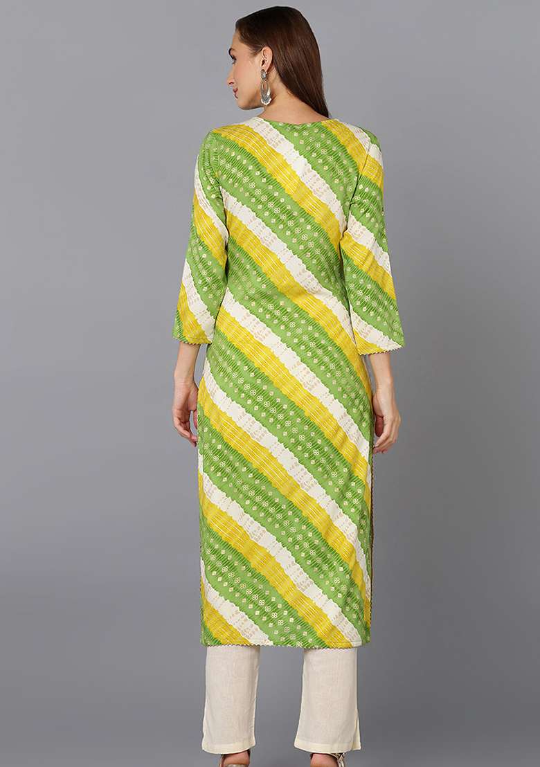 Green Bandhani Cotton Straight Kurta Set - Indya