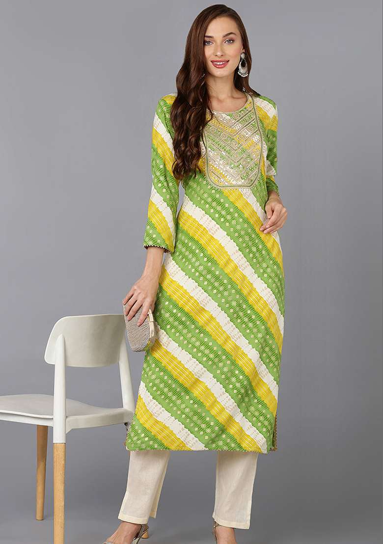 Green Bandhani Cotton Straight Kurta Set - Indya