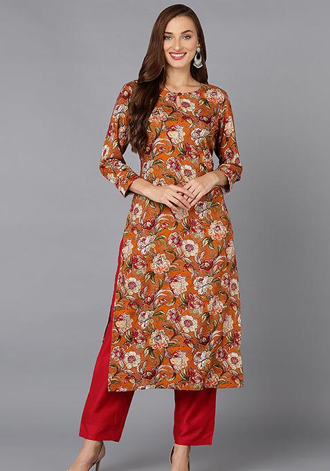 Orange Printed Cotton Blend Kurta