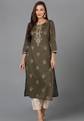 Olive Embroidered Cotton Kurta