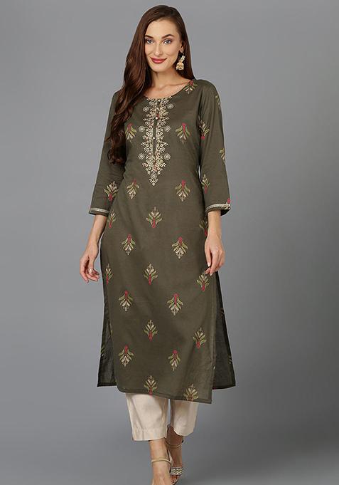 Olive Embroidered Cotton Kurta