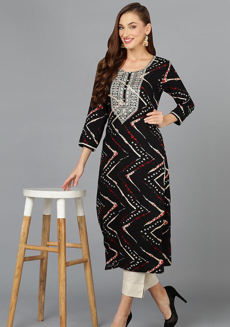 Black Printed Rayon Kurta