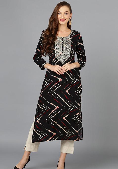 Black Printed Rayon Kurta