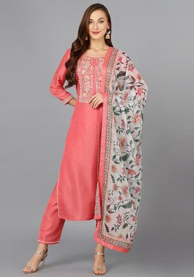 Coral Embroidered Silk Blend Kurta Set
