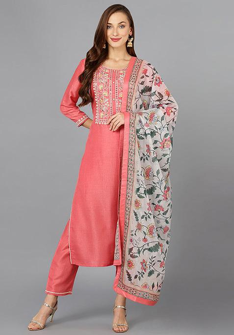 Coral Embroidered Silk Blend Kurta Set