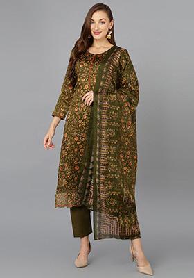 Olive Green Printed Cotton Kurta Set