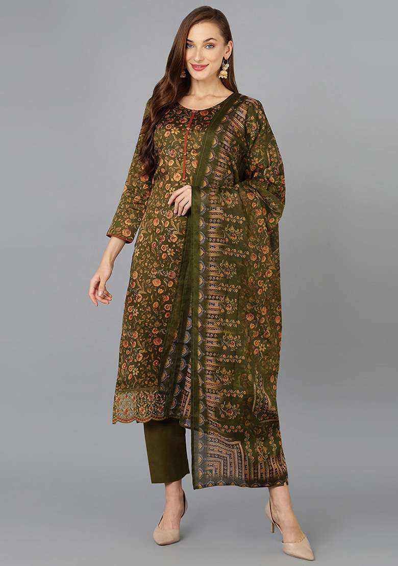 Olive Green Printed Cotton Straight Kurta Set - Indya
