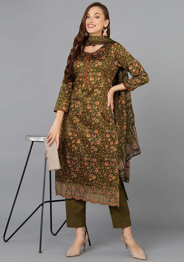 Olive Green Printed Cotton Straight Kurta Set - Indya