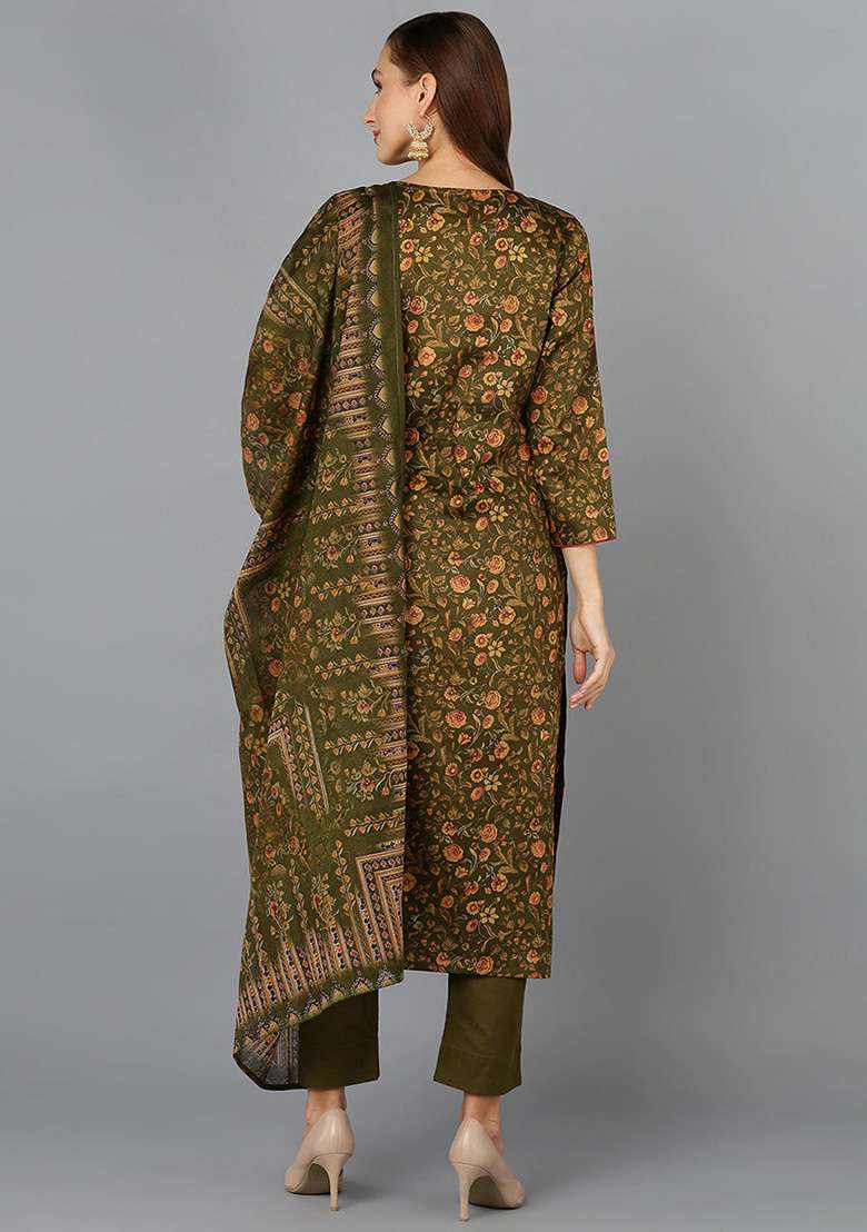 Olive Green Printed Cotton Straight Kurta Set - Indya