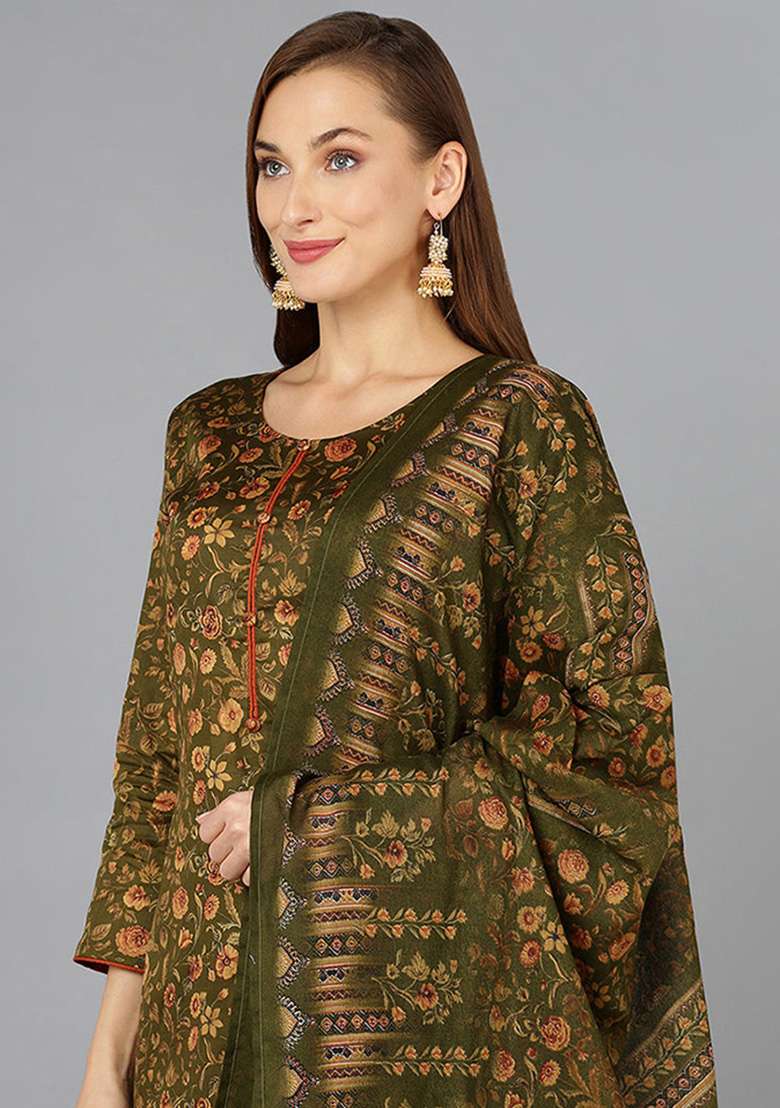 Olive Green Printed Cotton Straight Kurta Set - Indya