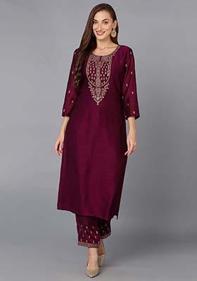 Burgundy Embroidered Silk Blend Kurta Set