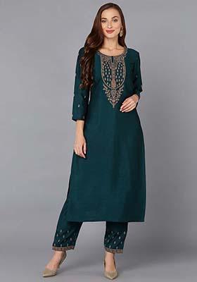 Teal Embroidered Silk Blend Kurta Set