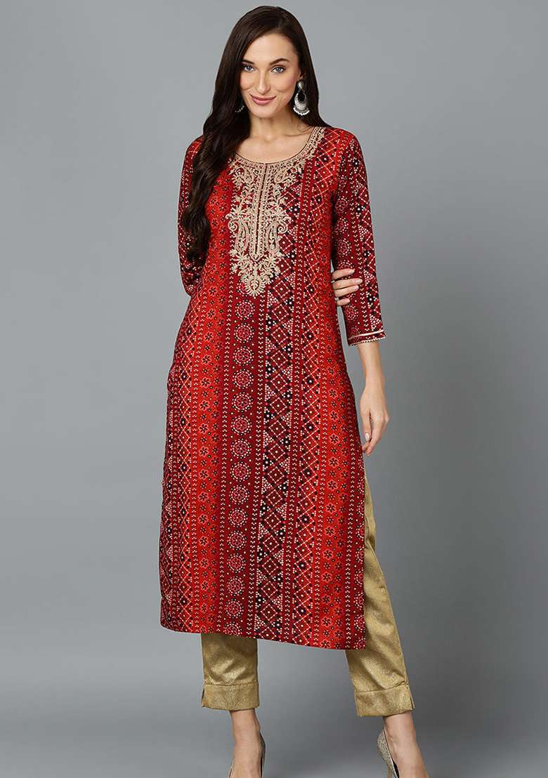Maroon Bandhani Blended Straight Kurta Set - Indya