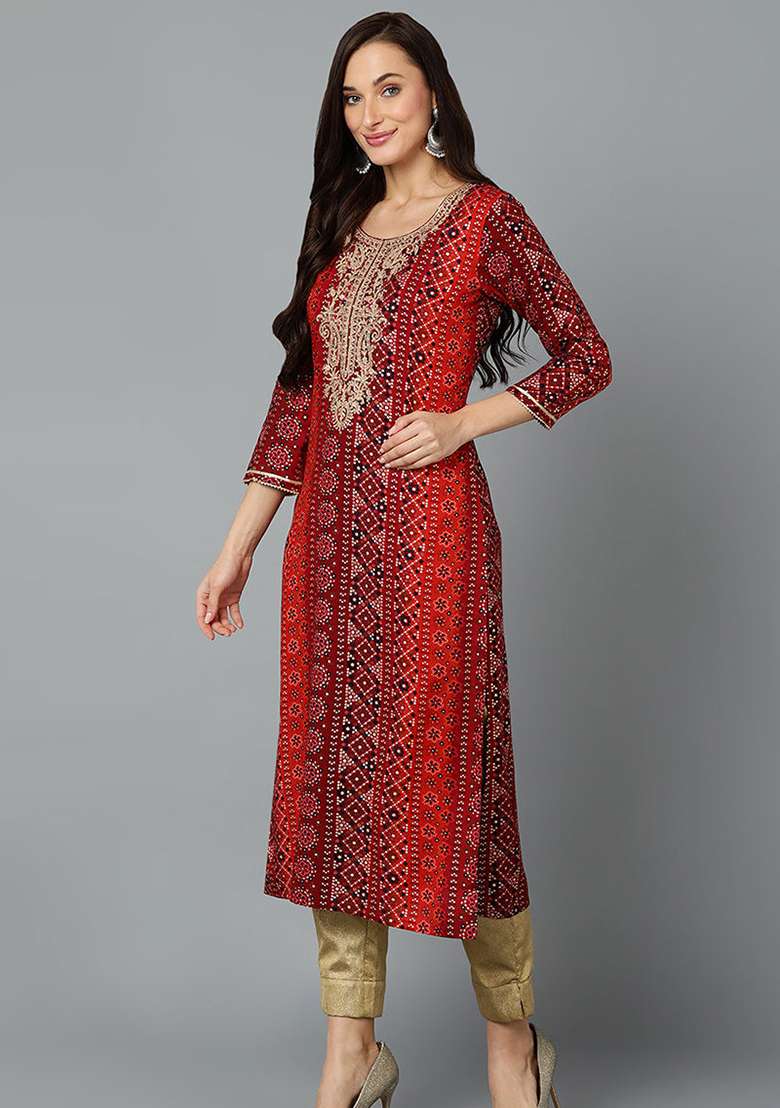 Maroon Bandhani Blended Straight Kurta Set - Indya