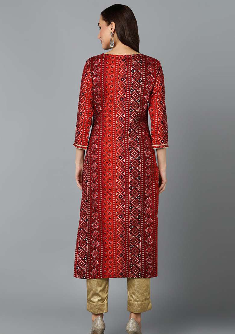 Maroon Bandhani Blended Straight Kurta Set - Indya
