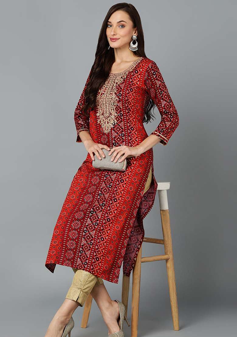 Maroon Bandhani Blended Straight Kurta Set - Indya