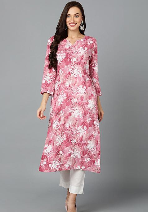 Rose Pink Printed Cotton Blend Kurta