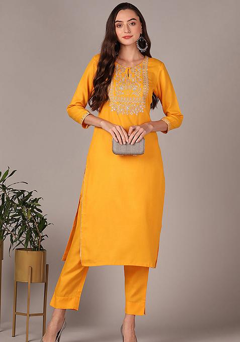 Yellow Printed Cotton Blend Kurta