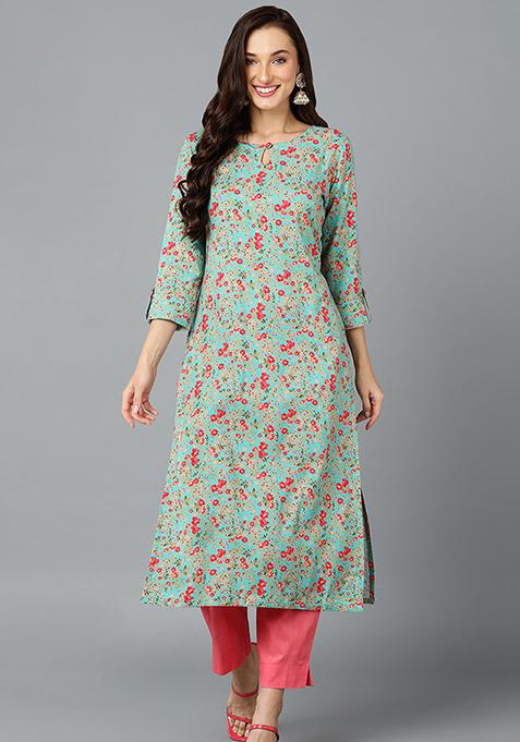 Turquoise Blue Printed Rayon Kurta