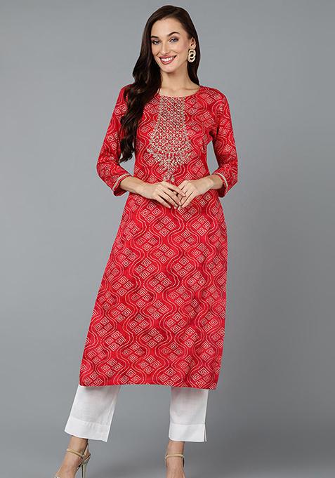 Red Printed Cotton Blend Kurta