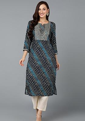 Navy Blue Printed Cotton Blend Kurta