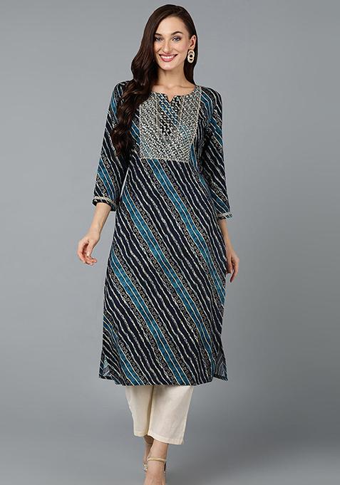 Navy Blue Striped Cotton Kurta