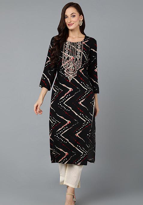 Black Printed Cotton Blend Kurta