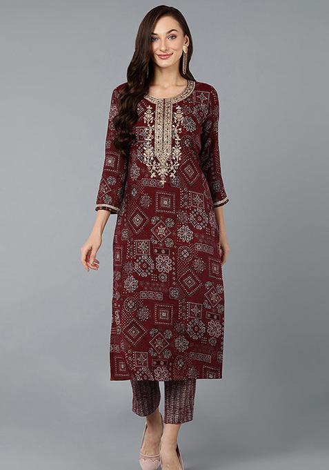 Maroon Printed Cotton Blend Kurta