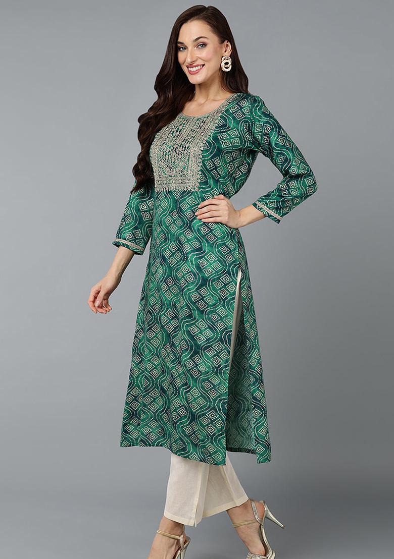 Green Printed Cotton Blend Kurta
