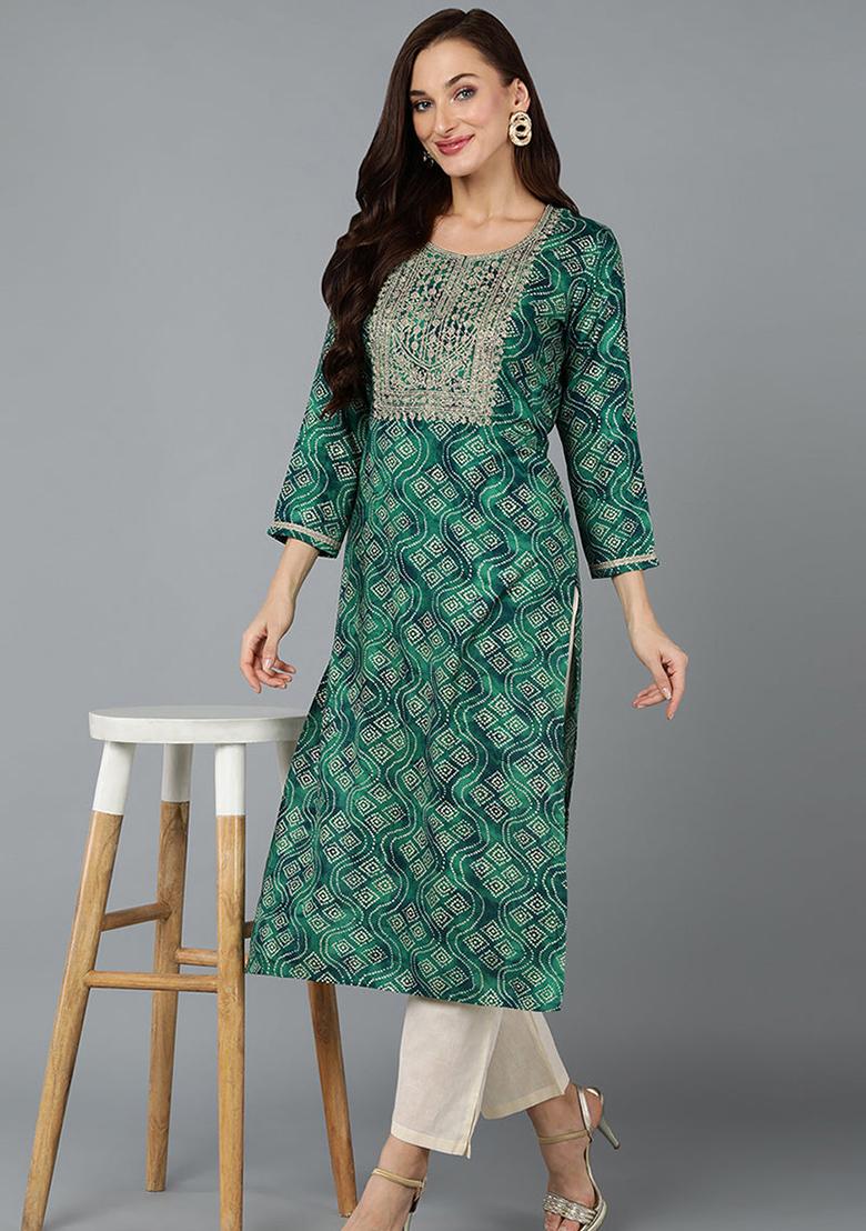 Green Printed Cotton Blend Kurta