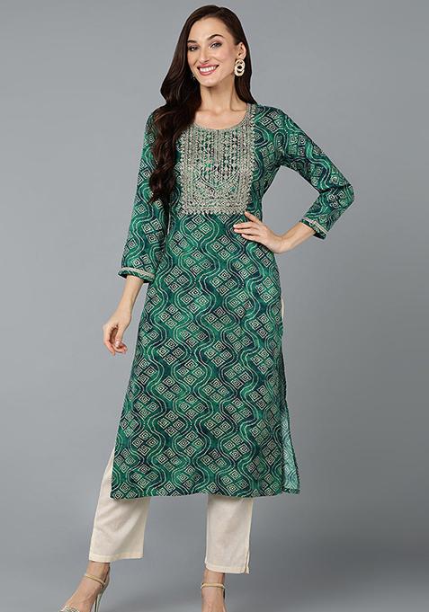 Green Printed Cotton Blend Kurta