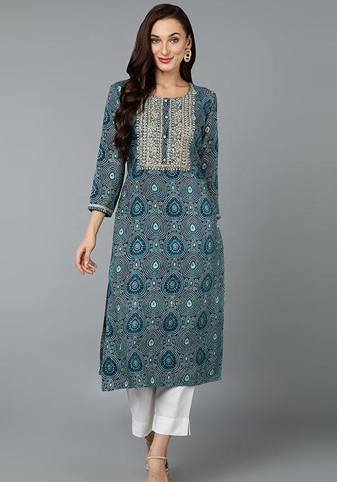 Teal Printed Cotton Blend Kurta