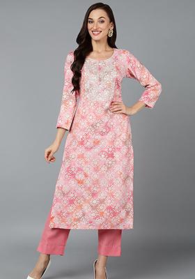 Teal Printed Cotton Blend Kurta