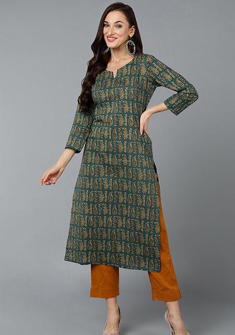 Teal Printed Cotton Blend Kurta