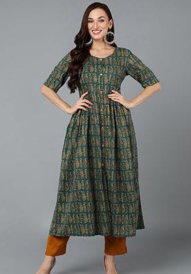 Teal Printed Cotton Blend Kurta