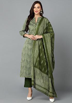 Fern Green Printed Rayon Blend Kurta Set
