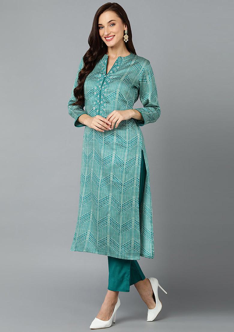 Rama Green Printed Rayon Blend Kurta Set