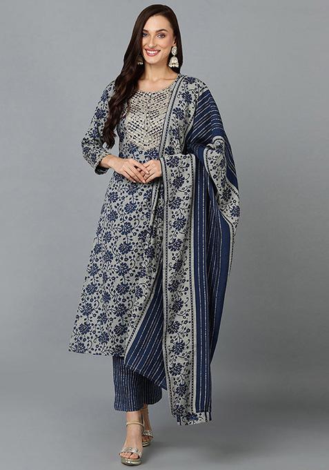 Grey Printed Cotton Blend Kurta Set