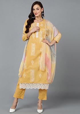 Yellow Printed Silk Blend Kurta Set
