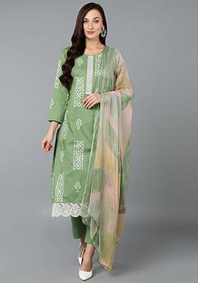 Green Printed Silk Blend Kurta Set