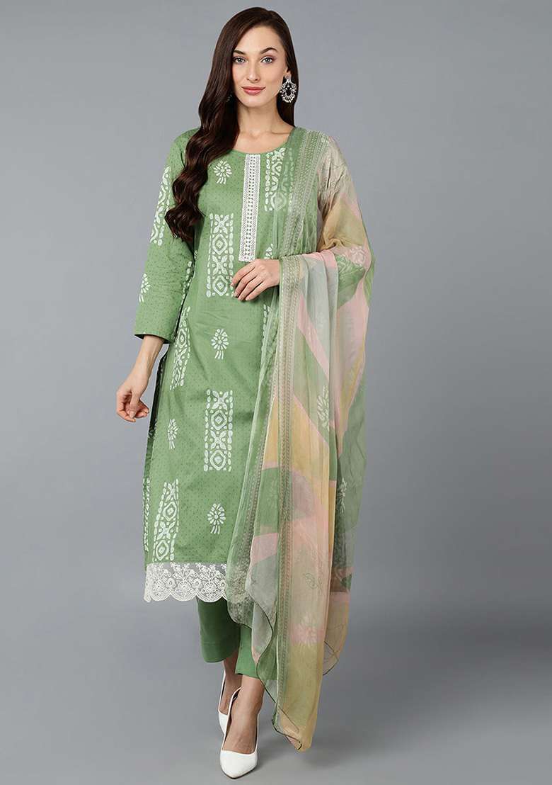 Green Printed Blended Straight Kurta Set - Indya