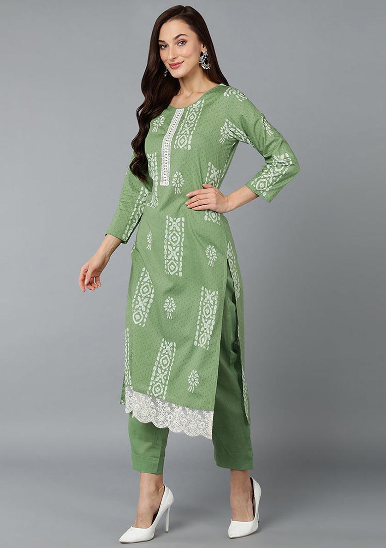 Green Printed Silk Blend Kurta Set