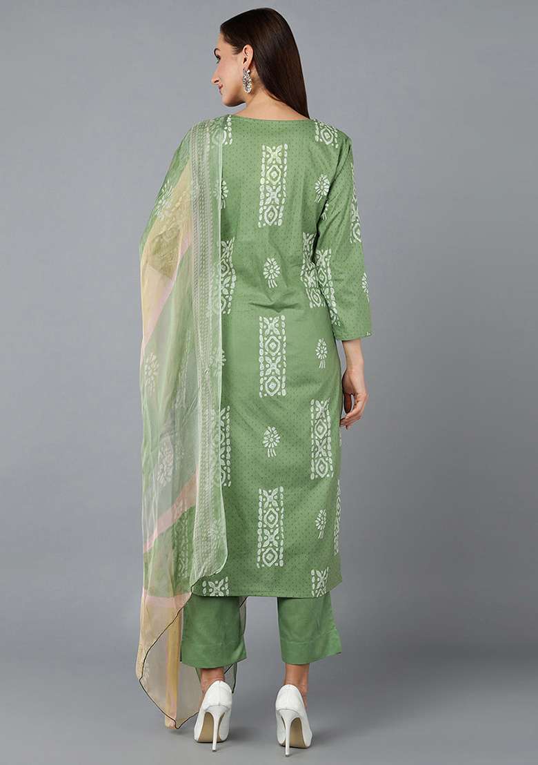 Green Printed Blended Straight Kurta Set - Indya