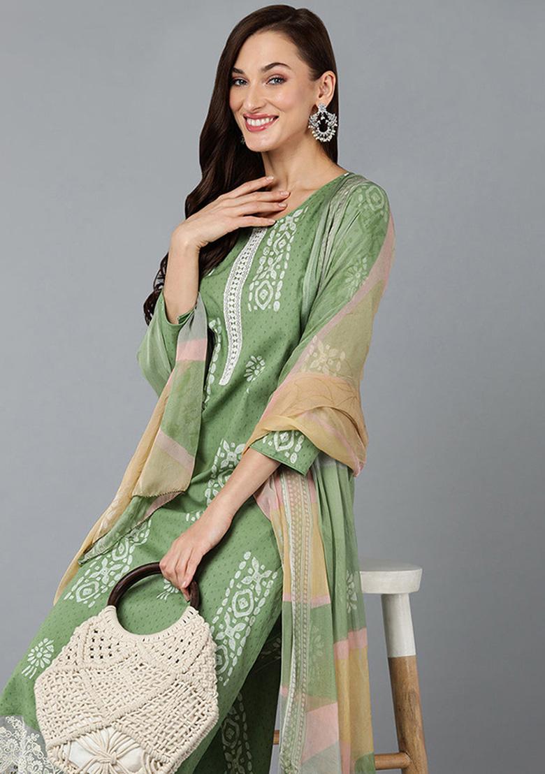 Green Printed Silk Blend Kurta Set
