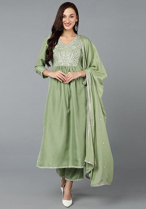 Sea Green Embroidered Silk Blend Kurta Set