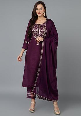 Purple Embroidered Silk Blend Kurta Set