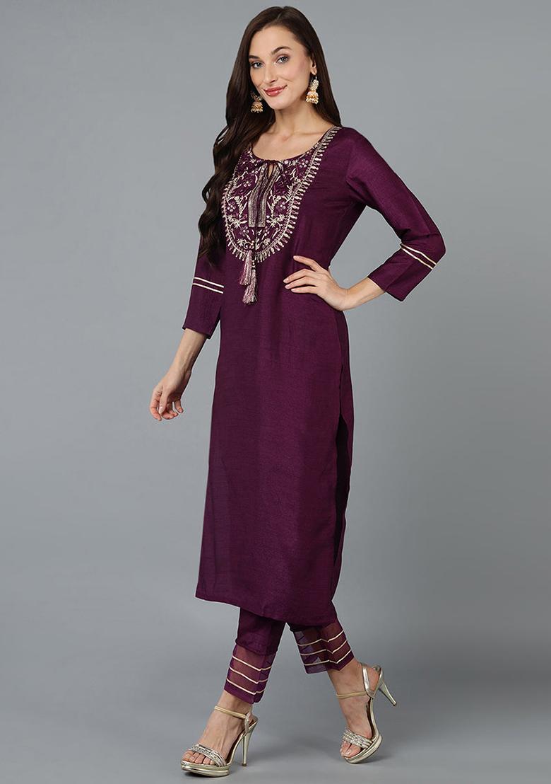 Purple Embroidered Silk Blend Kurta Set