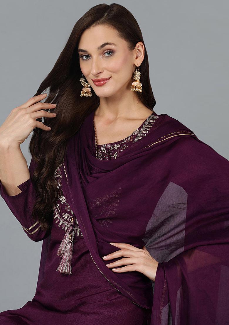 Purple Embroidered Silk Blend Kurta Set