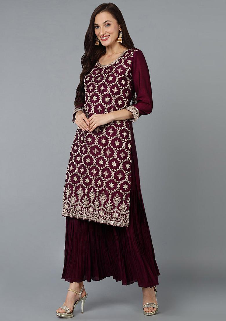 Burgundy Embroidered Silk Blend Kurta Set