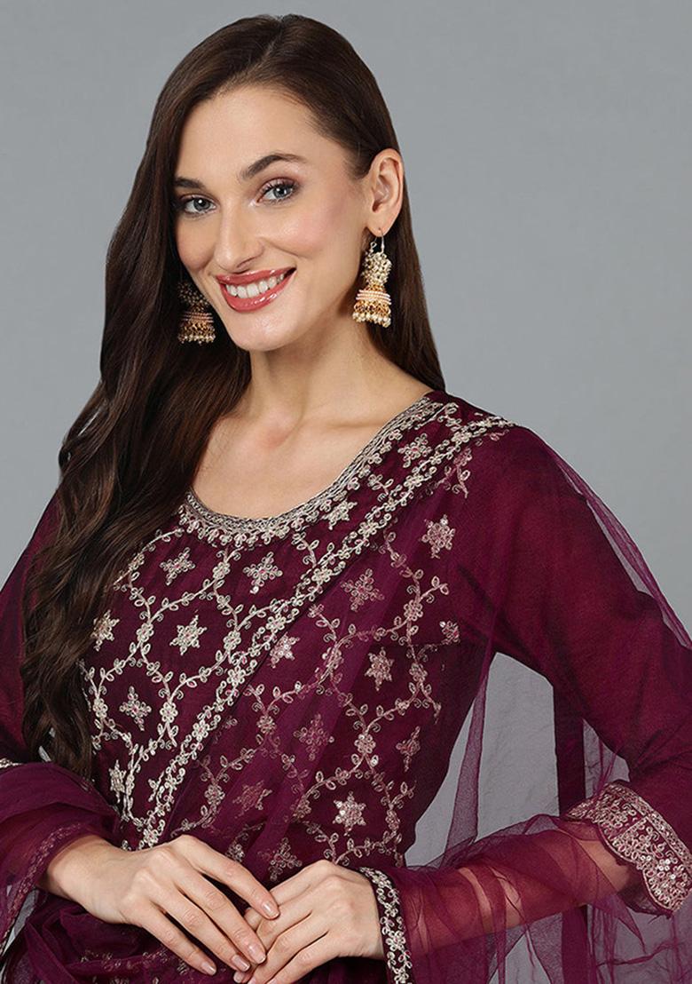 Burgundy Embroidered Silk Blend Kurta Set